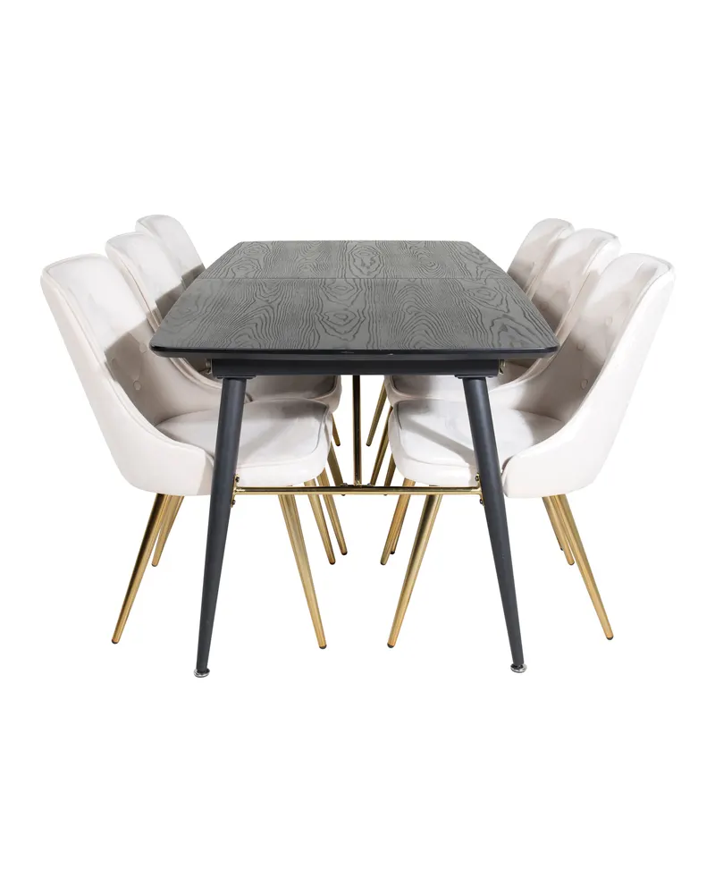 Gold & Velvet Deluxe Essgruppe mit ausziehbarem Esstisch und 6 Samtstühlen mit Knopfheftung in Beige, Gestell Messing gebürstet, Ansicht 1