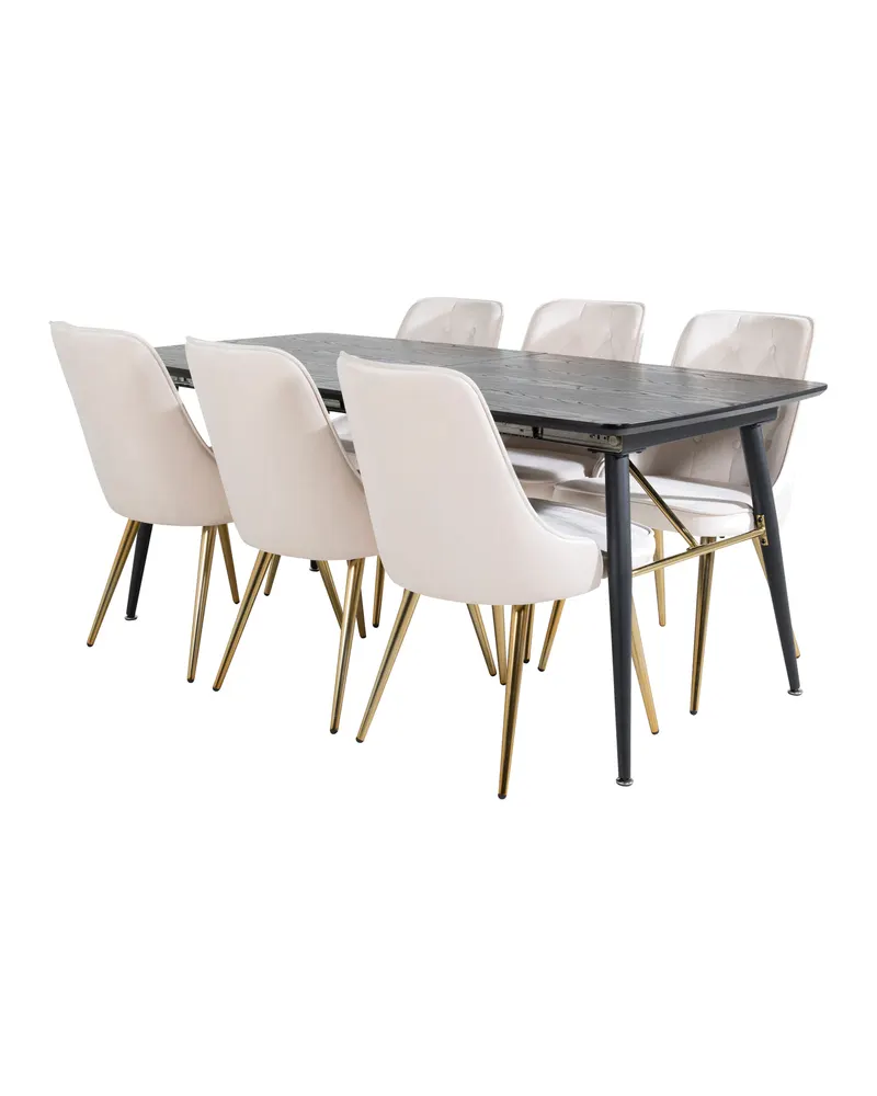 Gold & Velvet Deluxe Essgruppe mit ausziehbarem Esstisch und 6 Samtstühlen mit Knopfheftung in Beige, Gestell Messing gebürstet, Ansicht 2
