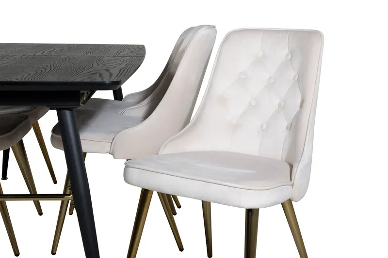 Gold & Velvet Deluxe Essgruppe mit ausziehbarem Esstisch und 6 Samtstühlen mit Knopfheftung in Beige, Gestell Messing gebürstet, Ansicht 3