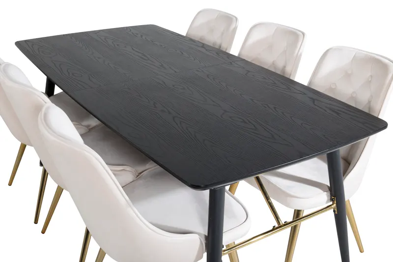 Gold & Velvet Deluxe Essgruppe mit ausziehbarem Esstisch und 6 Samtstühlen mit Knopfheftung in Beige, Gestell Messing gebürstet, Ansicht 4