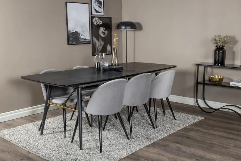 Gold & Velvet Essgruppe mit ausziehbarem Esstisch und 6 Polsterstühlen in Grau, Gestell Schwarz, im Wohnraum, Ansicht 2