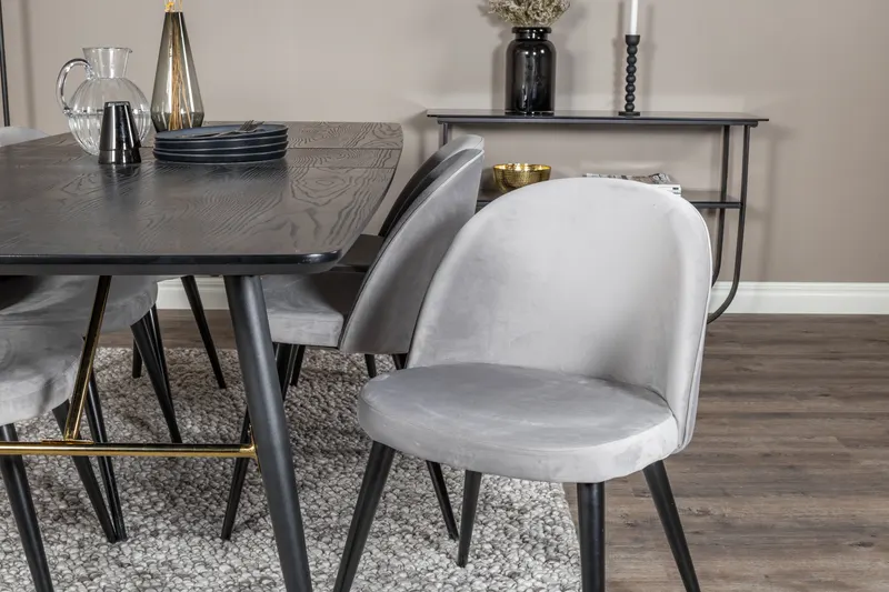 Gold & Velvet Essgruppe mit ausziehbarem Esstisch und 6 Polsterstühlen in Grau, Gestell Schwarz, im Wohnraum, Ansicht 3