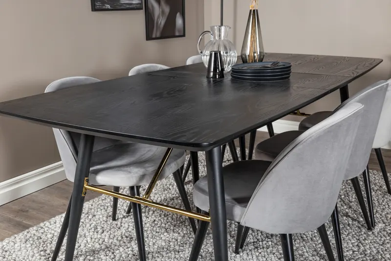 Gold & Velvet Essgruppe mit ausziehbarem Esstisch und 6 Polsterstühlen in Grau, Gestell Schwarz, im Wohnraum, Ansicht 4