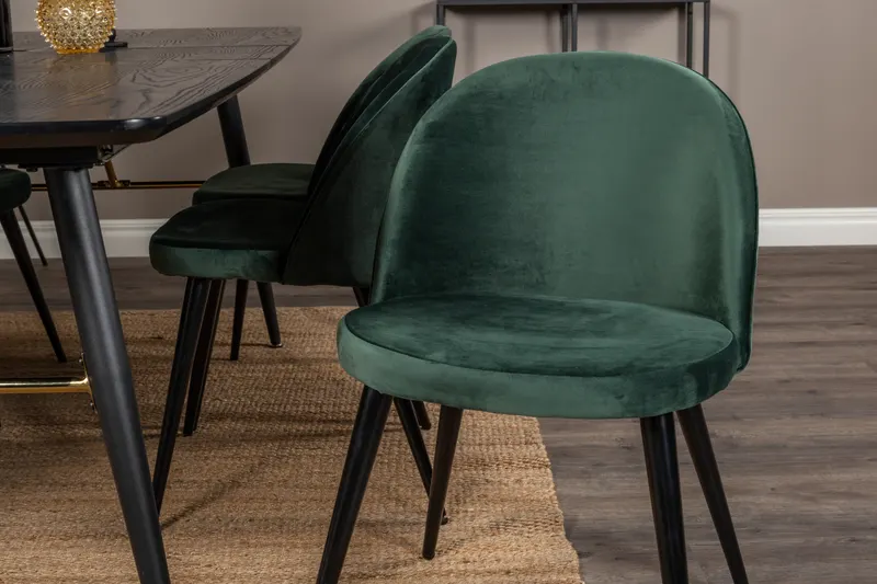 Gold & Velvet Essgruppe mit ausziehbarem Esstisch und 6 Polsterstühlen in Grün, Gestell Schwarz, im Wohnraum, Ansicht 3