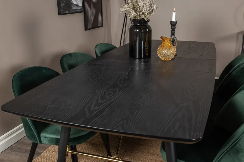 Gold & Velvet Essgruppe mit ausziehbarem Esstisch und 6 Polsterstühlen in Grün, Gestell Schwarz, im Wohnraum, Ansicht 4