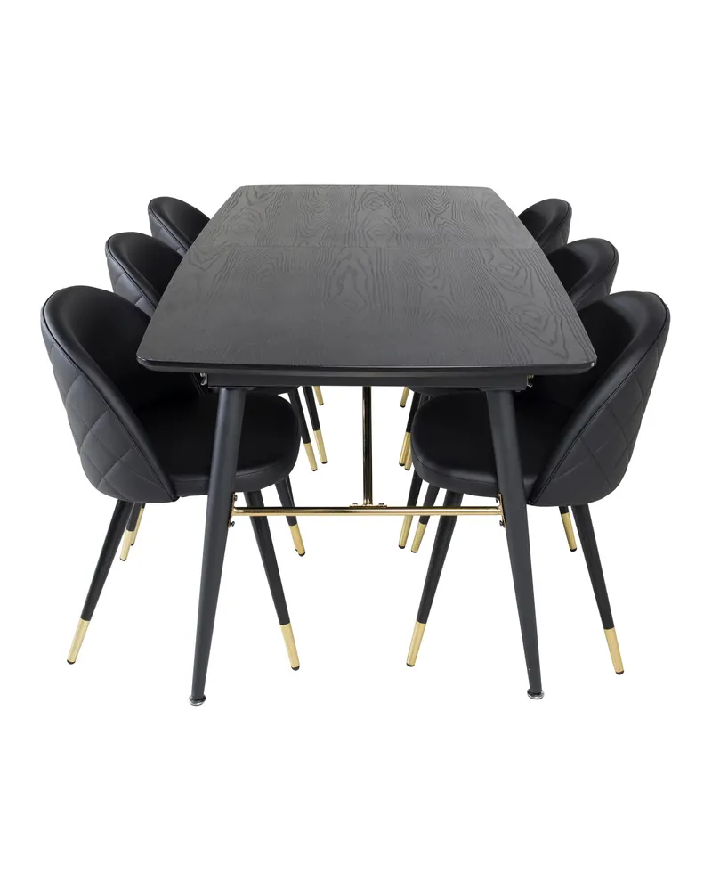 Gold & Velvet Essgruppe mit ausziehbarem Esstisch und 6 Polsterstühlen in Schwarz, Ansicht 1