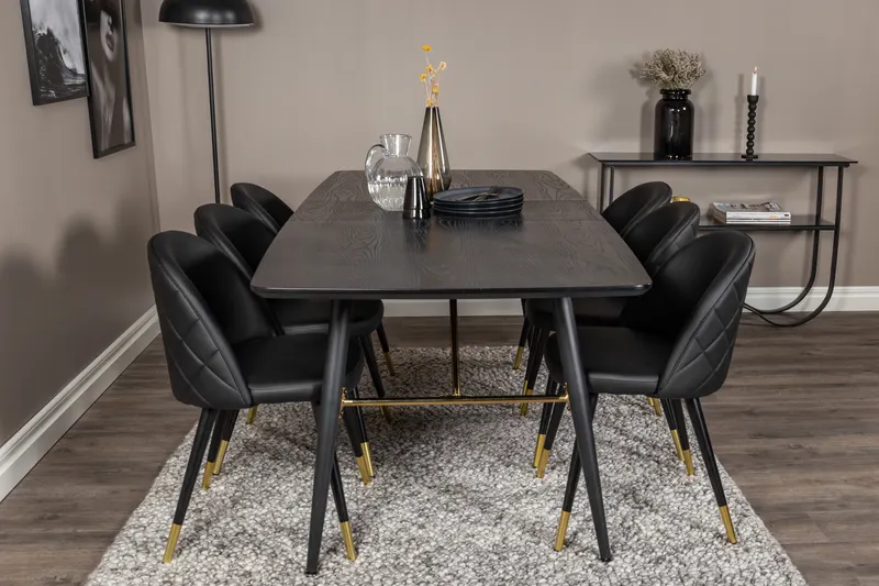 Gold & Velvet Essgruppe mit ausziehbarem Esstisch und 6 Polsterstühlen in Schwarz, im Wohnraum, Ansicht 1