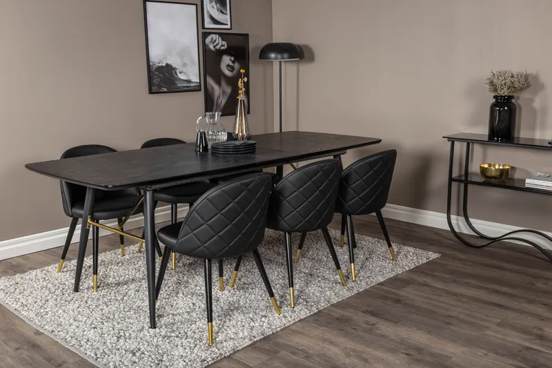 Gold & Velvet Essgruppe mit ausziehbarem Esstisch und 6 Polsterstühlen in Schwarz, im Wohnraum, Ansicht 2