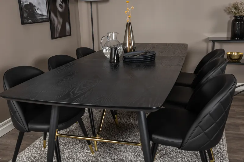 Gold & Velvet Essgruppe mit ausziehbarem Esstisch und 6 Polsterstühlen in Schwarz, im Wohnraum, Ansicht 4