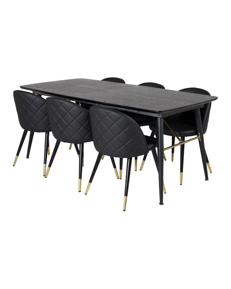 Gold & Velvet Essgruppe mit ausziehbarem Esstisch und 6 Polsterstühlen in Schwarz, Ansicht 2