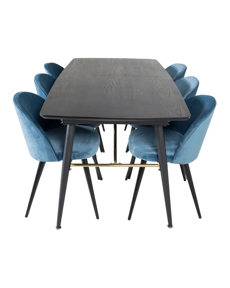Gold & Velvet Essgruppe mit ausziehbarem Esstisch und 6 Polsterstühlen in Blau, Gestell Schwarz, Ansicht 1