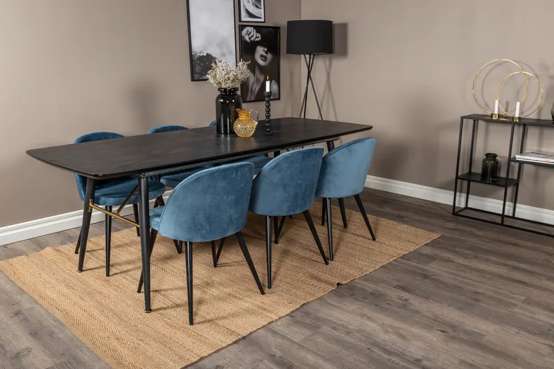 Gold & Velvet Essgruppe mit ausziehbarem Esstisch und 6 Polsterstühlen in Blau, Gestell Schwarz, im Wohnraum, Ansicht 2