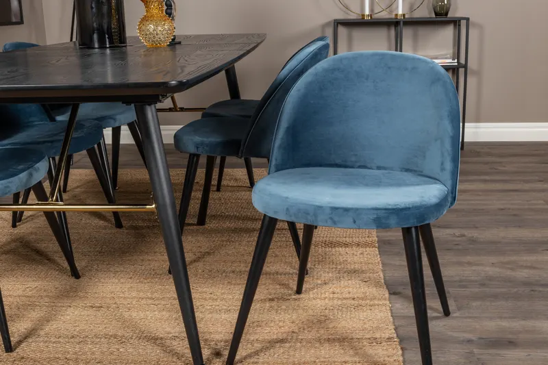 Gold & Velvet Essgruppe mit ausziehbarem Esstisch und 6 Polsterstühlen in Blau, Gestell Schwarz, im Wohnraum, Ansicht 3