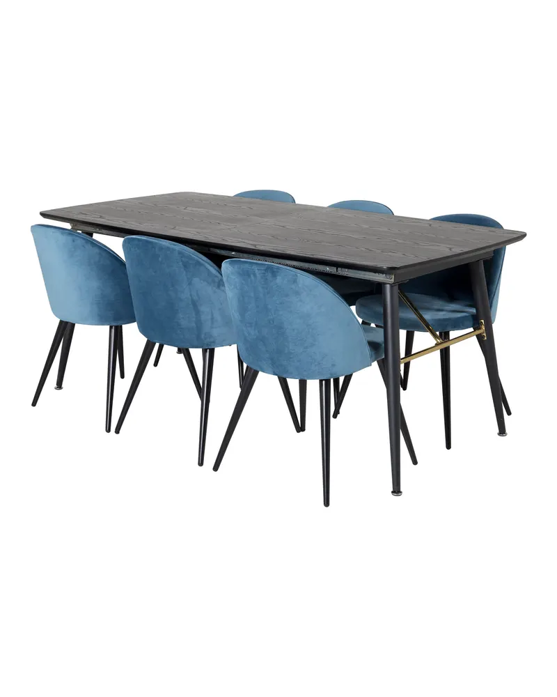 Gold & Velvet Essgruppe mit ausziehbarem Esstisch und 6 Polsterstühlen in Blau, Gestell Schwarz, Ansicht 2