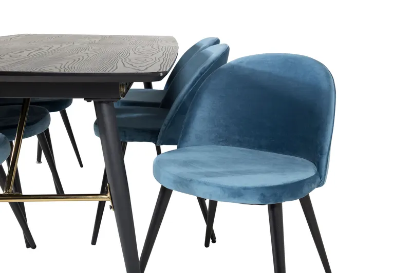 Gold & Velvet Essgruppe mit ausziehbarem Esstisch und 6 Polsterstühlen in Blau, Gestell Schwarz, Ansicht 3