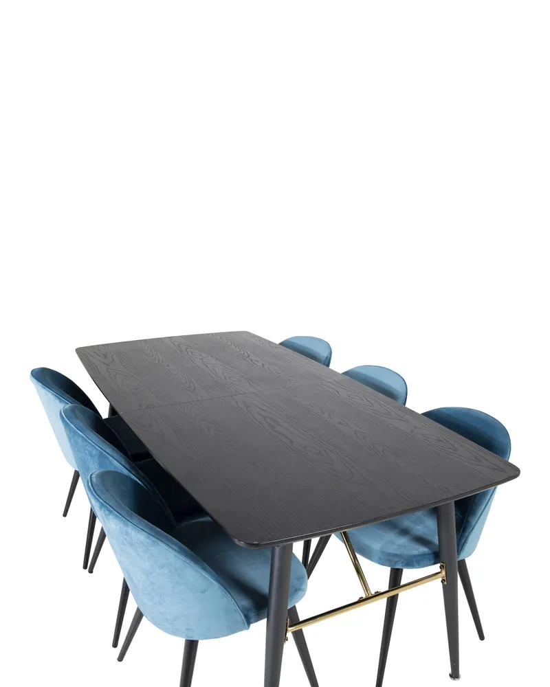 Gold & Velvet Essgruppe mit ausziehbarem Esstisch und 6 Polsterstühlen in Blau, Gestell Schwarz, Ansicht 4