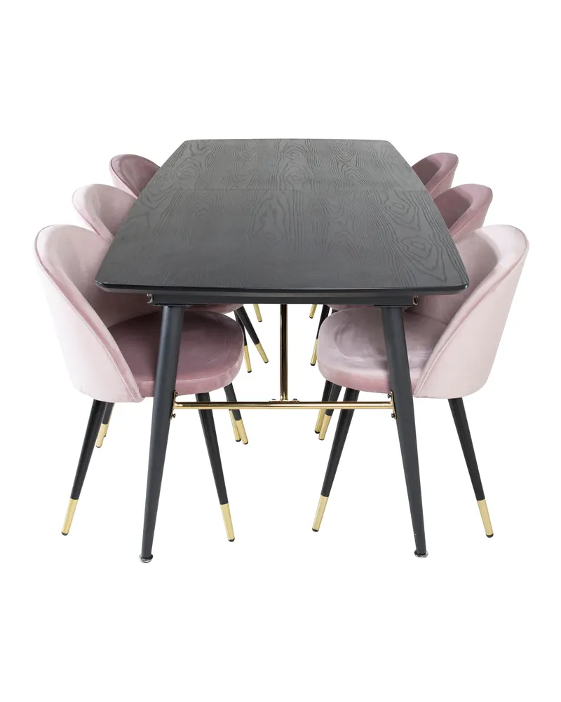 Gold & Velvet Essgruppe mit ausziehbarem Esstisch und 6 Polsterstühlen in Altrosa, Gestell Schwarz, Ansicht 1