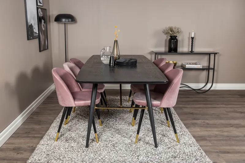 Gold & Velvet Essgruppe mit ausziehbarem Esstisch und 6 Polsterstühlen in Altrosa, Gestell Schwarz, im Wohnraum, Ansicht 1