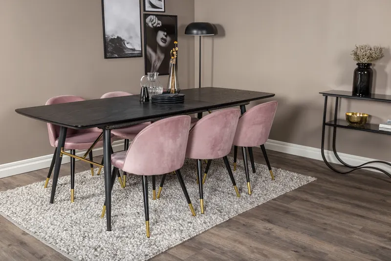 Gold & Velvet Essgruppe mit ausziehbarem Esstisch und 6 Polsterstühlen in Altrosa, Gestell Schwarz, im Wohnraum, Ansicht 2