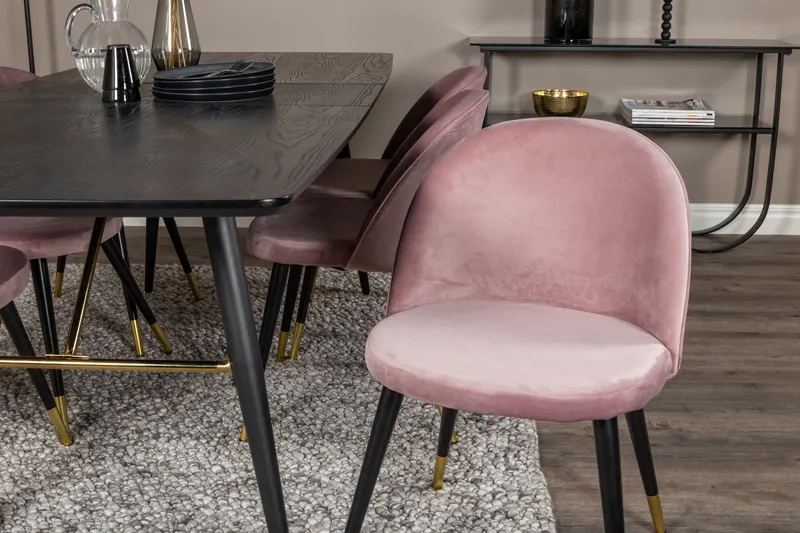 Gold & Velvet Essgruppe mit ausziehbarem Esstisch und 6 Polsterstühlen in Altrosa, Gestell Schwarz, im Wohnraum, Ansicht 3