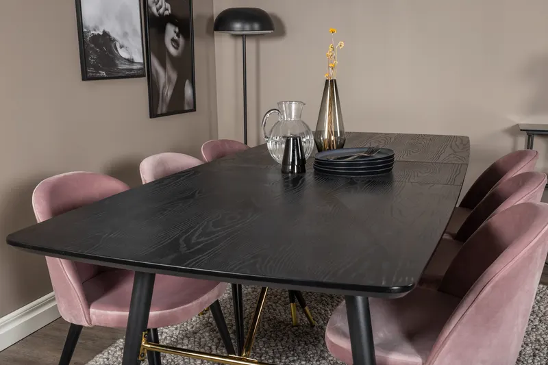 Gold & Velvet Essgruppe mit ausziehbarem Esstisch und 6 Polsterstühlen in Altrosa, Gestell Schwarz, im Wohnraum, Ansicht 4