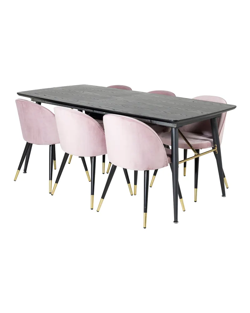 Gold & Velvet Essgruppe mit ausziehbarem Esstisch und 6 Polsterstühlen in Altrosa, Gestell Schwarz, Ansicht 2
