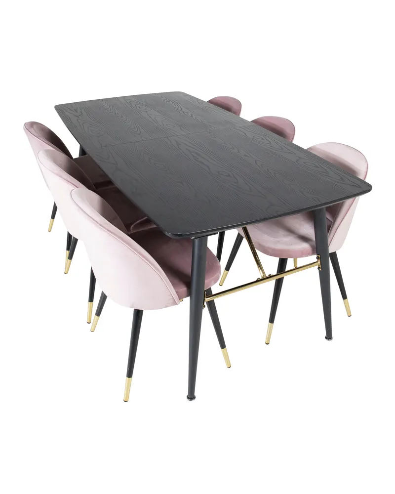 Gold & Velvet Essgruppe mit ausziehbarem Esstisch und 6 Polsterstühlen in Altrosa, Gestell Schwarz, Ansicht 4