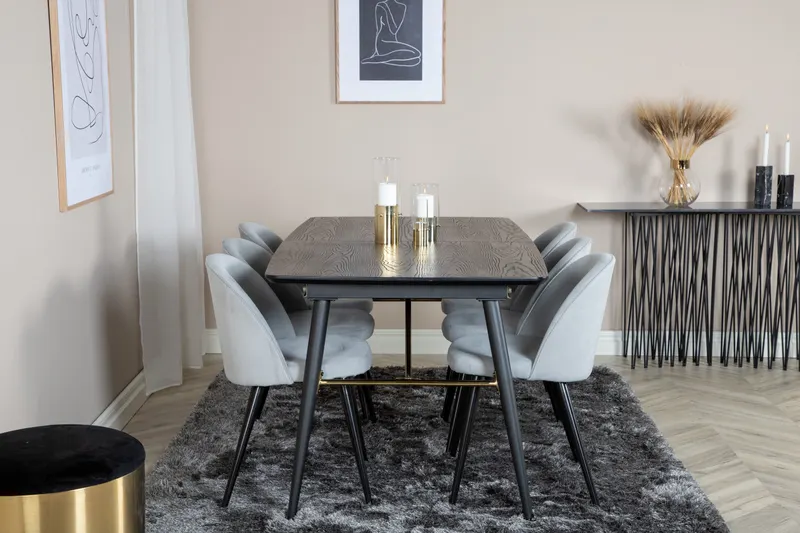 Gold & Velvet Essgruppe mit ausziehbarem Esstisch und 6 Polsterstühlen in Hellgrau, Gestell Schwarz, im Wohnraum, Ansicht 1