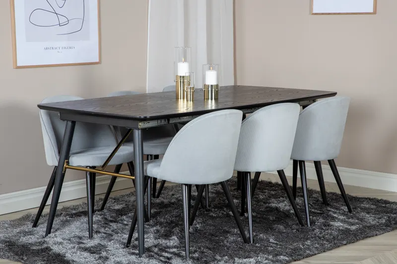 Gold & Velvet Essgruppe mit ausziehbarem Esstisch und 6 Polsterstühlen in Hellgrau, Gestell Schwarz, im Wohnraum, Ansicht 2