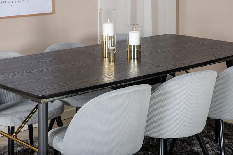 Gold & Velvet Essgruppe mit ausziehbarem Esstisch und 6 Polsterstühlen in Hellgrau, Gestell Schwarz, im Wohnraum, Ansicht 4