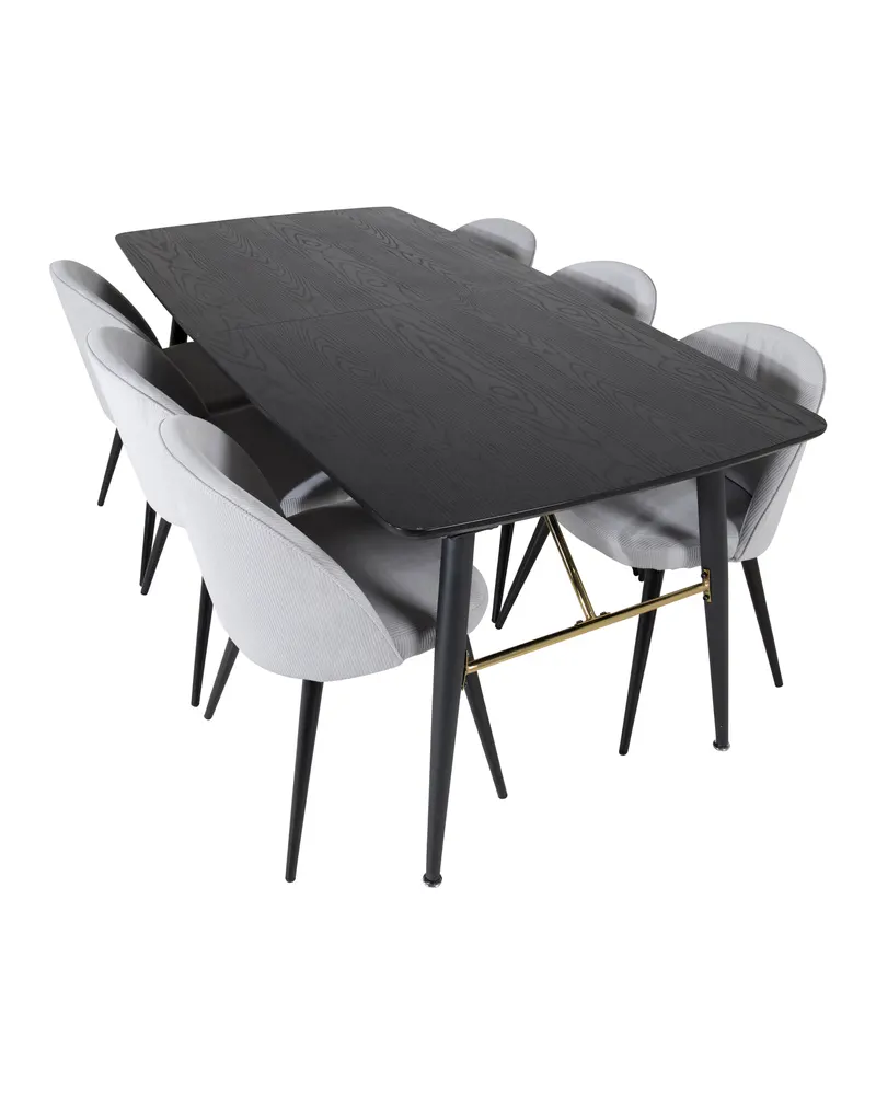 Gold & Velvet Essgruppe mit ausziehbarem Esstisch und 6 Polsterstühlen in Hellgrau, Gestell Schwarz, Ansicht 4