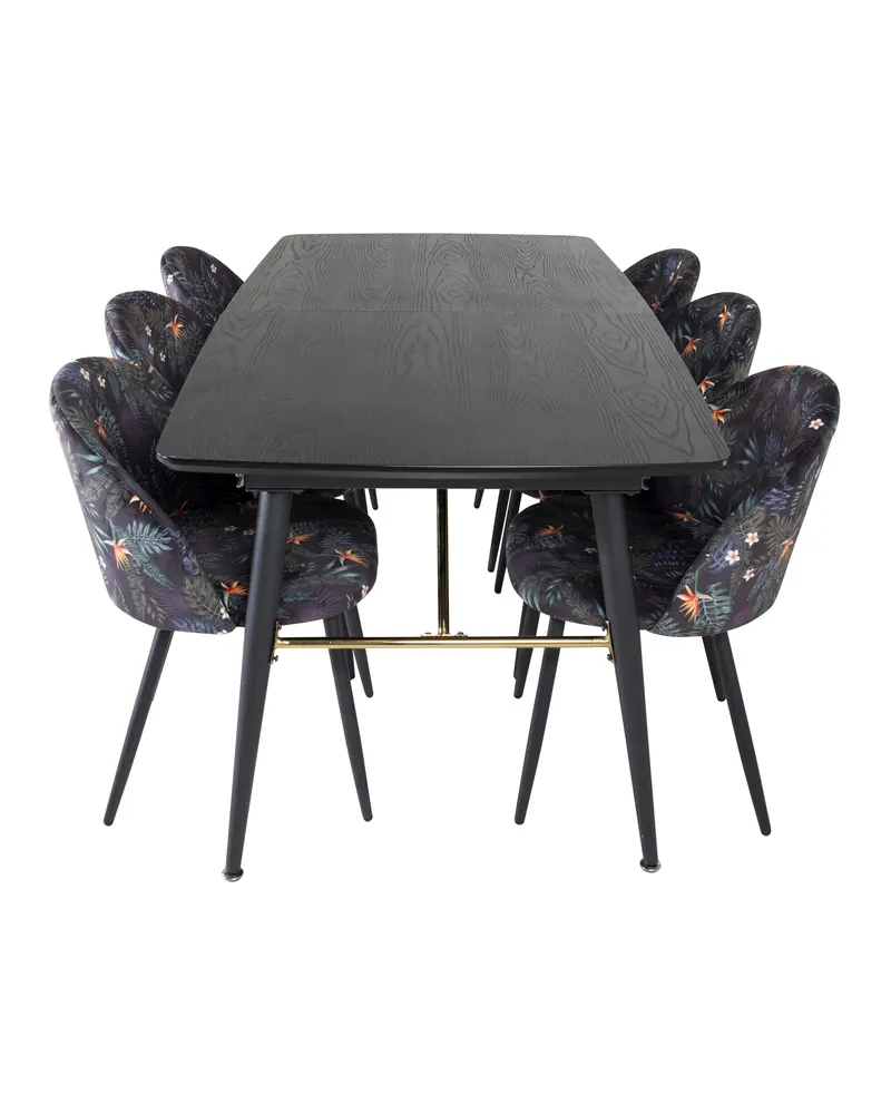 Gold & Velvet Essgruppe mit ausziehbarem Esstisch und 6 Polsterstühlen in Schwarz mit Blumenmuster, Gestell Schwarz, Ansicht 1