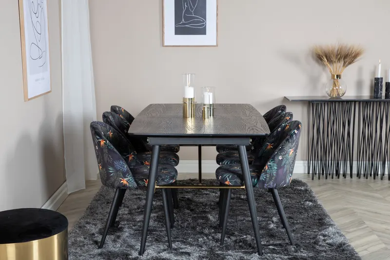 Gold & Velvet Essgruppe mit ausziehbarem Esstisch und 6 Polsterstühlen in Schwarz mit Blumenmuster, Gestell Schwarz, im Wohnraum, Ansicht 1