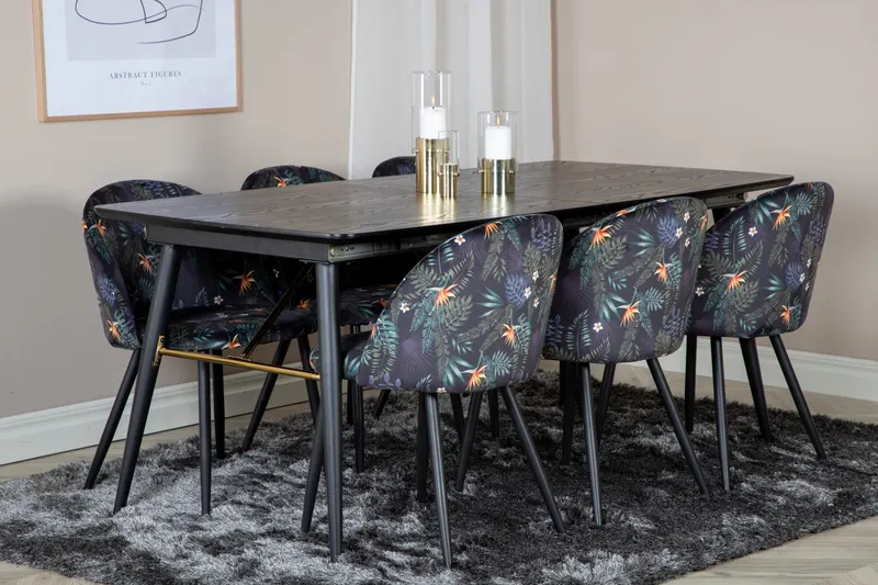 Gold & Velvet Essgruppe mit ausziehbarem Esstisch und 6 Polsterstühlen in Schwarz mit Blumenmuster, Gestell Schwarz, im Wohnraum, Ansicht 2