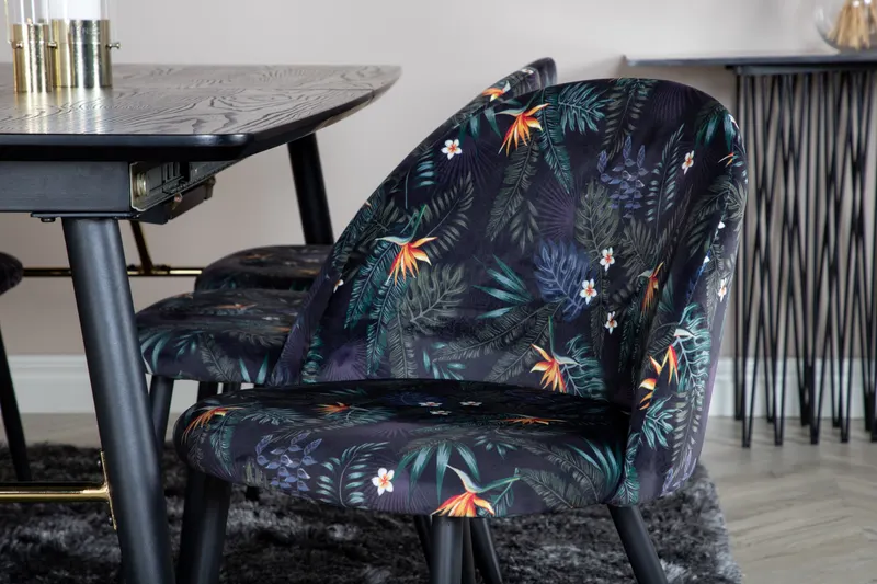 Gold & Velvet Essgruppe mit ausziehbarem Esstisch und 6 Polsterstühlen in Schwarz mit Blumenmuster, Gestell Schwarz, im Wohnraum, Ansicht 3