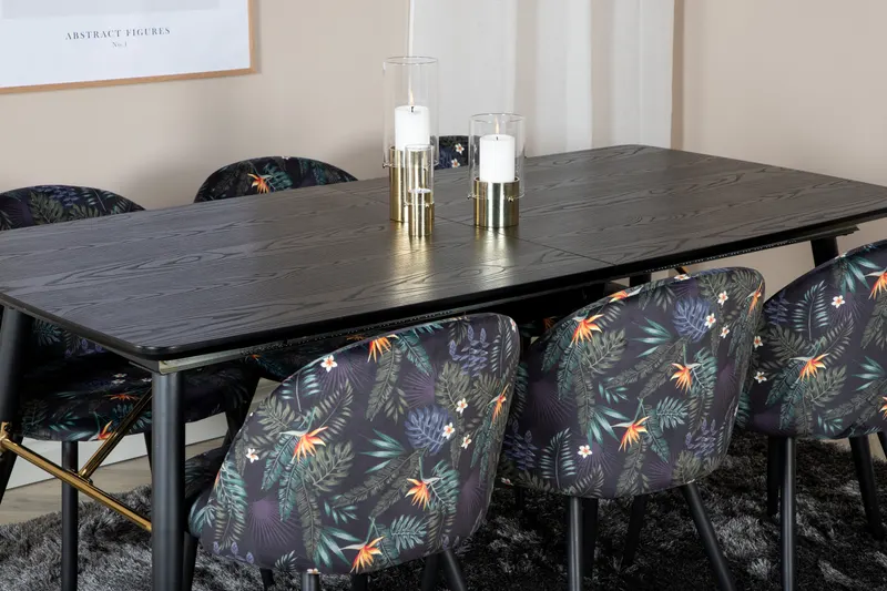 Gold & Velvet Essgruppe mit ausziehbarem Esstisch und 6 Polsterstühlen in Schwarz mit Blumenmuster, Gestell Schwarz, im Wohnraum, Ansicht 4
