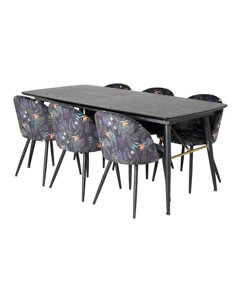 Gold & Velvet Essgruppe mit ausziehbarem Esstisch und 6 Polsterstühlen in Schwarz mit Blumenmuster, Gestell Schwarz, Ansicht 2