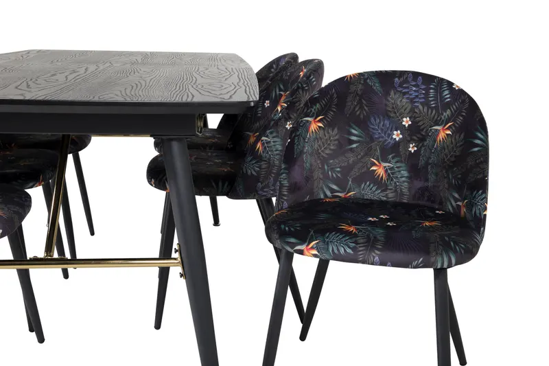 Gold & Velvet Essgruppe mit ausziehbarem Esstisch und 6 Polsterstühlen in Schwarz mit Blumenmuster, Gestell Schwarz, Ansicht 3
