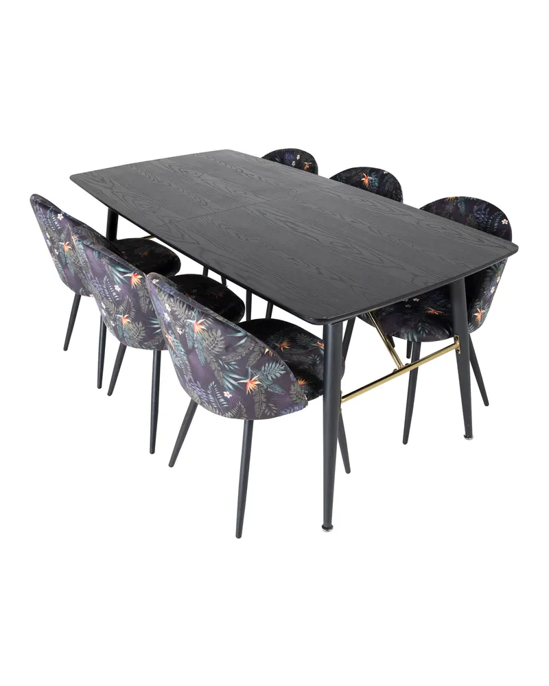 Gold & Velvet Essgruppe mit ausziehbarem Esstisch und 6 Polsterstühlen in Schwarz mit Blumenmuster, Gestell Schwarz, Ansicht 4