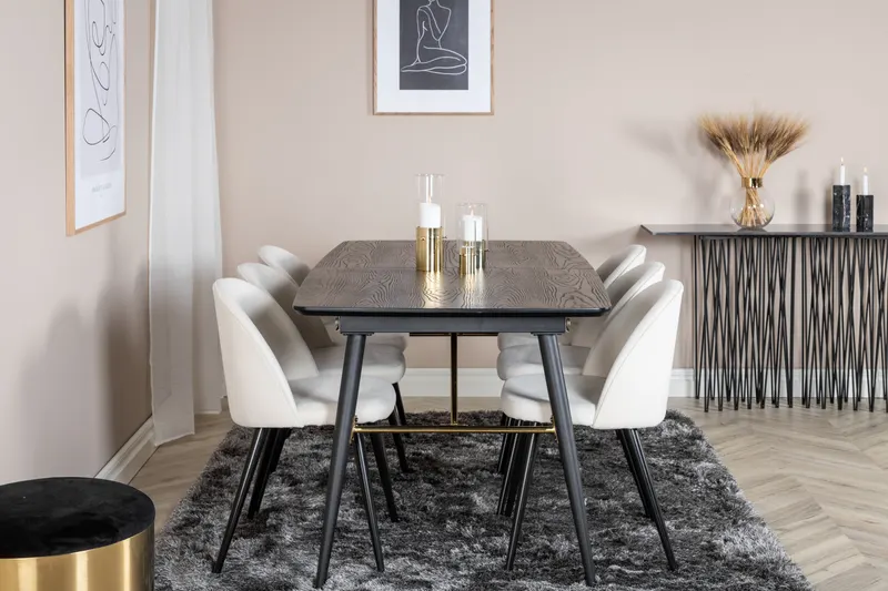 Gold & Velvet Essgruppe mit ausziehbarem Esstisch und 6 Polsterstühlen in Beige, Gestell Schwarz, im Wohnraum, Ansicht 1