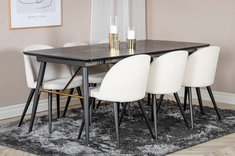 Gold & Velvet Essgruppe mit ausziehbarem Esstisch und 6 Polsterstühlen in Beige, Gestell Schwarz, im Wohnraum, Ansicht 2