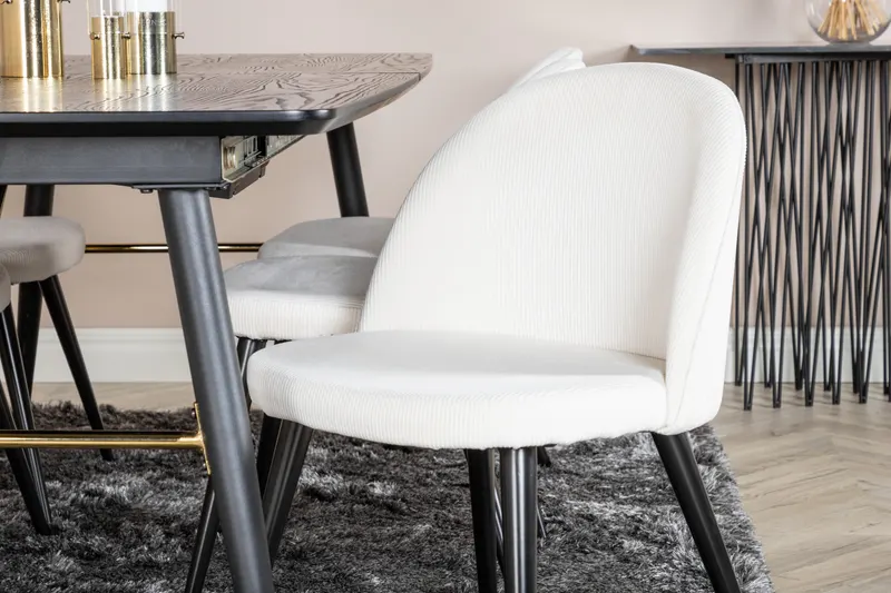 Gold & Velvet Essgruppe mit ausziehbarem Esstisch und 6 Polsterstühlen in Beige, Gestell Schwarz, im Wohnraum, Ansicht 3