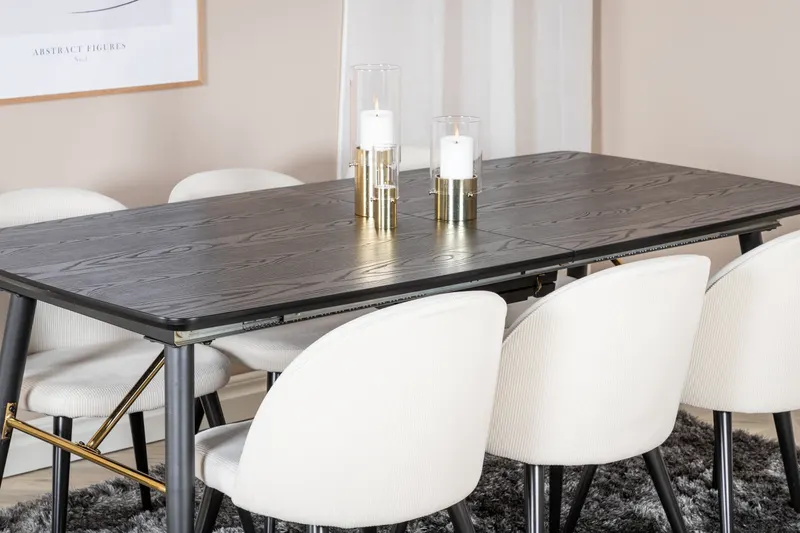 Gold & Velvet Essgruppe mit ausziehbarem Esstisch und 6 Polsterstühlen in Beige, Gestell Schwarz, im Wohnraum, Ansicht 4