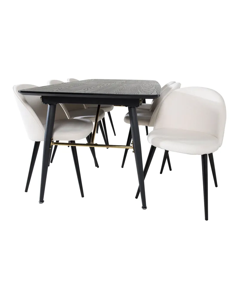 Gold & Velvet Essgruppe mit ausziehbarem Esstisch und 6 Polsterstühlen in Beige, Gestell Schwarz, Ansicht 3