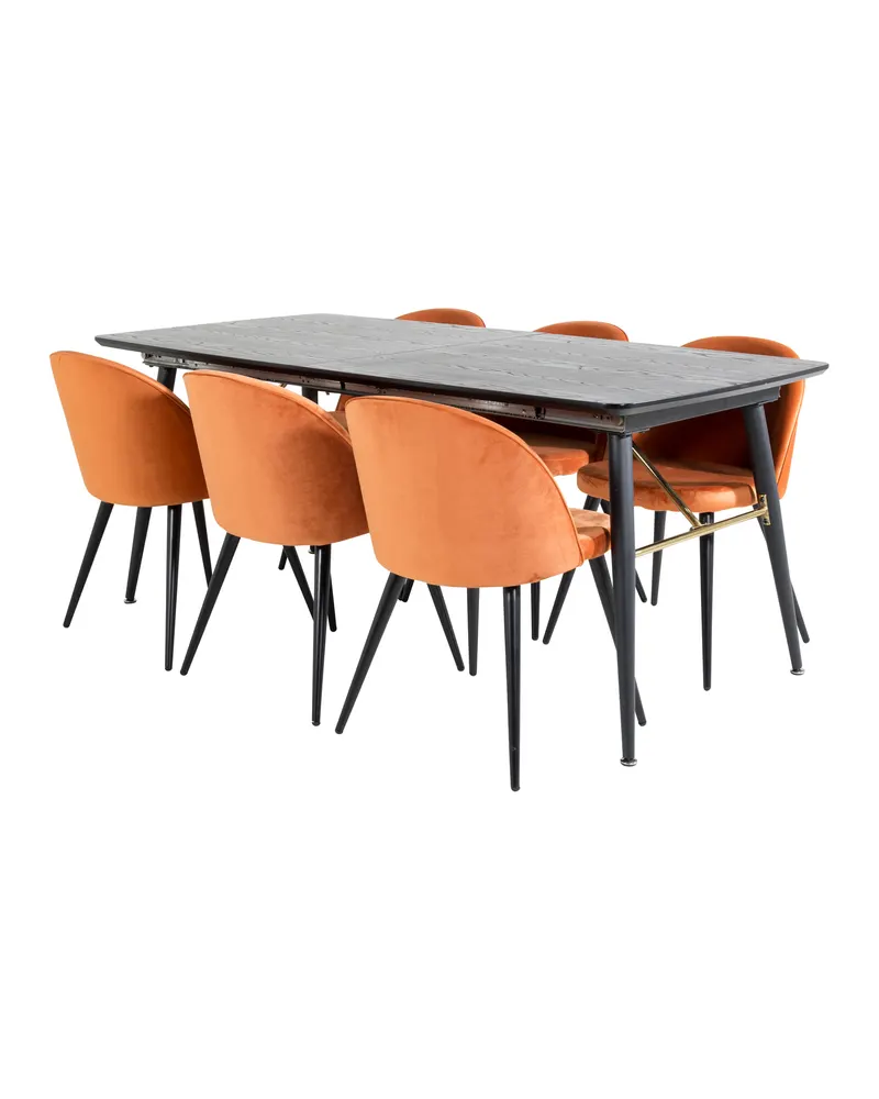 Gold & Velvet Essgruppe mit ausziehbarem Esstisch und 6 Polsterstühlen in Rostorange, Gestell Schwarz, Ansicht 2