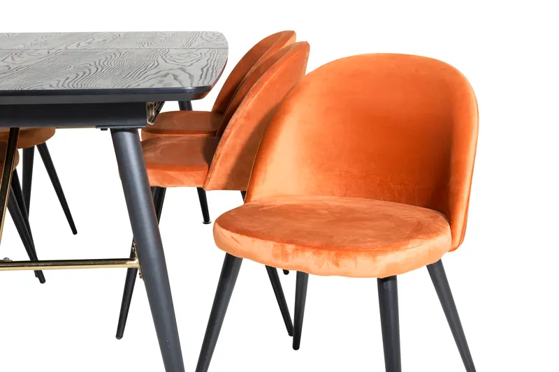 Gold & Velvet Essgruppe mit ausziehbarem Esstisch und 6 Polsterstühlen in Rostorange, Gestell Schwarz, Ansicht 3