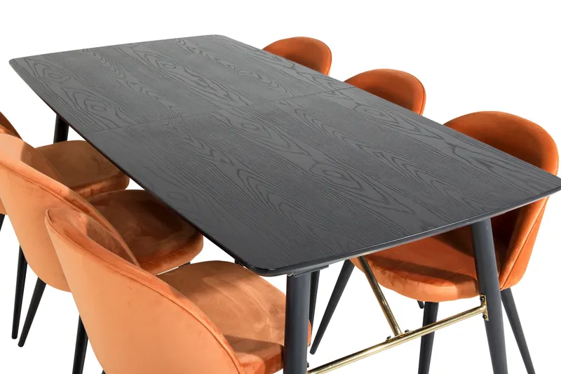Gold & Velvet Essgruppe mit ausziehbarem Esstisch und 6 Polsterstühlen in Rostorange, Gestell Schwarz, Ansicht 4