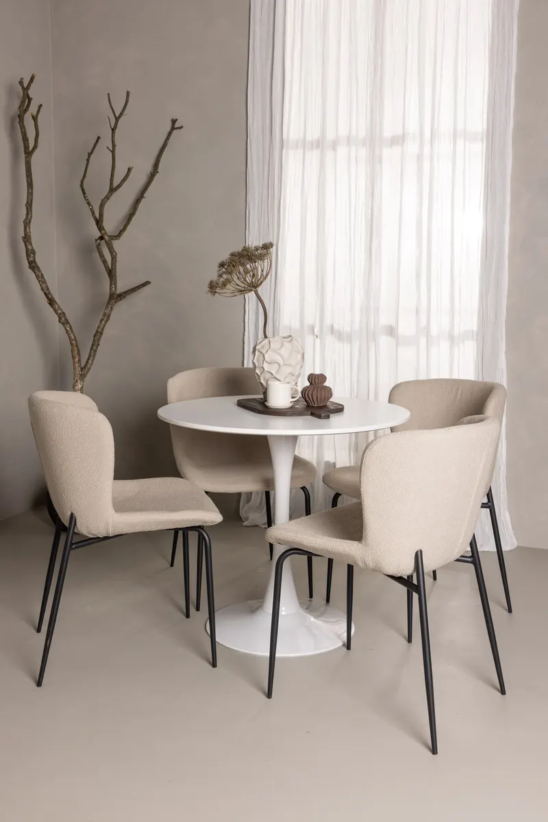 Hamden & Modesto Essgruppe mit rundem Esstisch und 4 Stühlen in Beige, Gestell Schwarz, im Wohnraum, Ansicht 1