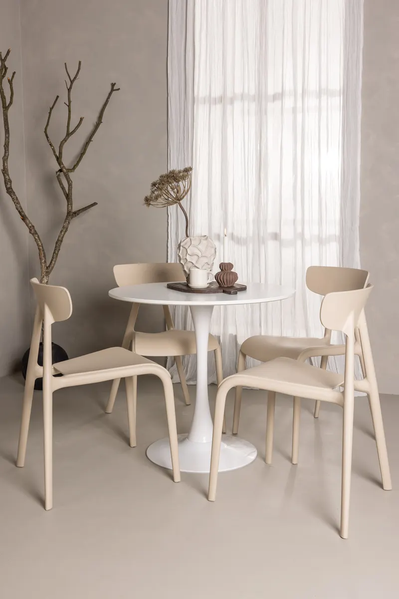 Hamden & Ursholmen Essgruppe mit rundem Esstisch und 4 stapelbaren Stühlen in Beige, im Wohnraum, Ansicht 1