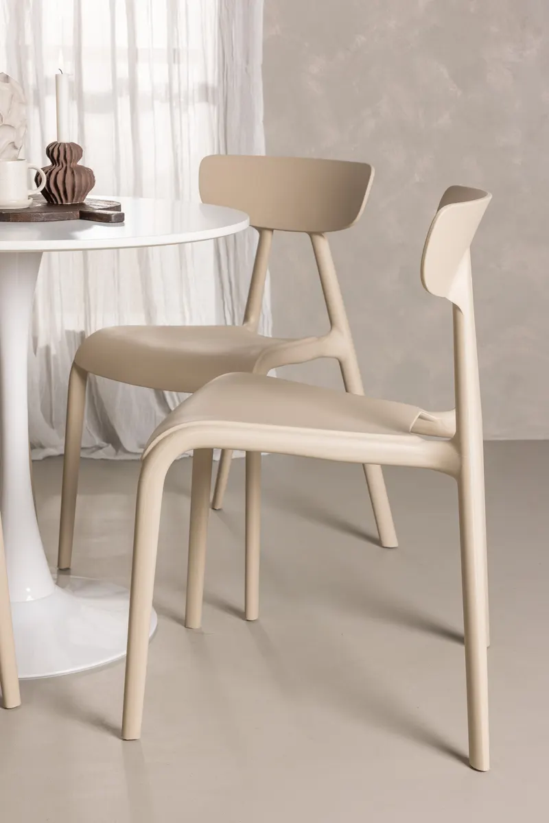 Hamden & Ursholmen Essgruppe mit rundem Esstisch und 4 stapelbaren Stühlen in Beige, im Wohnraum, Ansicht 2